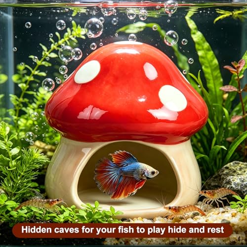 Image of AnRui Ceramic Betta Fish Tank Accessories Decor Cute Mushroom House Aquarium Decoration Hideout Cave Ornament for Small Fish, Shrimp, Goldfish and Reptiles (Red)