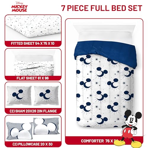Image of Disney Mickey Mouse Full Comforter Set 7 Piece Celestial Bedding, White | Bed in a Bag, Comforter Sheets Shams Pillowcases, Official Product, Soft Microfiber, Machine Washable, Easy Care