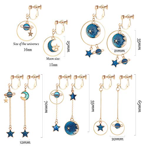 SAILIMUE 5Pairs Clip on Earrings Dangle Set for Women Cute Moon and Star Earrings Non Pierced Ear Clip Saturn Earrings3
