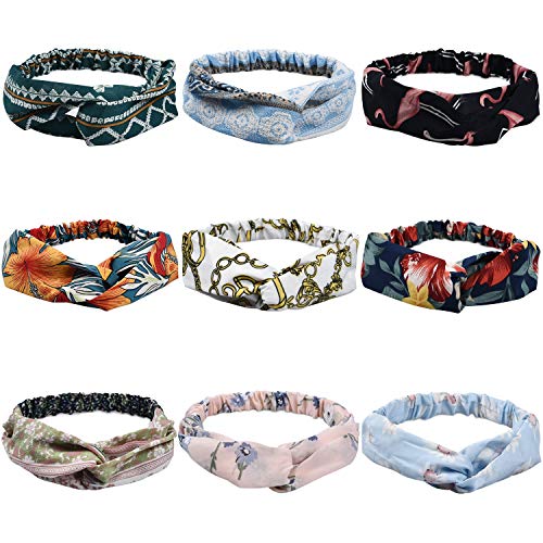 Headbands for Women and Girls Boho Vintage Cross Elastic Head Wrap Hair Accessories for Workout 9 Pack