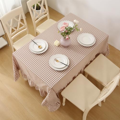 K MASANIJI Taupe White Gingham Ruffled Table Cloth Rectangular for Seat 8-10, 100% Washed Cotton Buffet Cottage Coquette Checker Plaid Vintage Decorative Tablecloth - 120“x60 by K MASANIJI - Used condition - Image 4