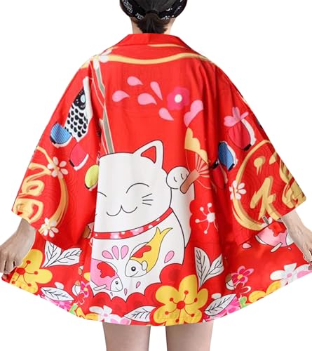 Image of LAI MENG FIVE CATS Women's Lucky Cat Cardigan Kimono Loose Cover up Casual Blouse Cute Tops