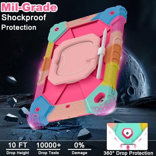 Image of WESOROL Case for iPad 9th /8th /7th Generation 10.2 Inch iPad 9th Generation Case with Screen Protector Rotating Stand Pencil Holder Heavy Duty Shockproof Cover for 9th Gen iPad Case,Colorful Pink