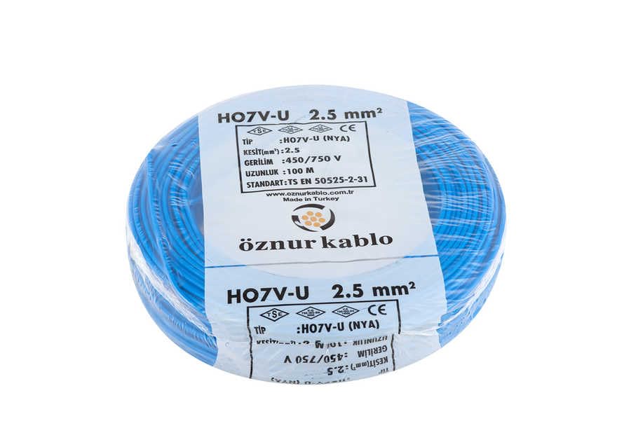 Öznur Kablo Nya H07V-U Tek Damar Elektrik Tesisat Kablosu 100 Metre – 1.5 mm² & 2.5 mm² – Siyah/Kahverengi/Kırmızı/Mavi/Sarı-Yeşil – 450/750V (Mavi, 2.5 mm)