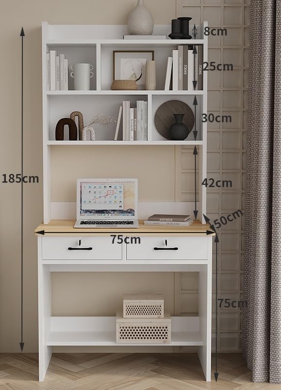 Biurko z litego drewna z wbudowaną półką na książki – nowoczesny prosty design do domowego biura i sypialni, białe, 75 x 50 x 185 cm, zajmujące mało miejsca meble do nauki