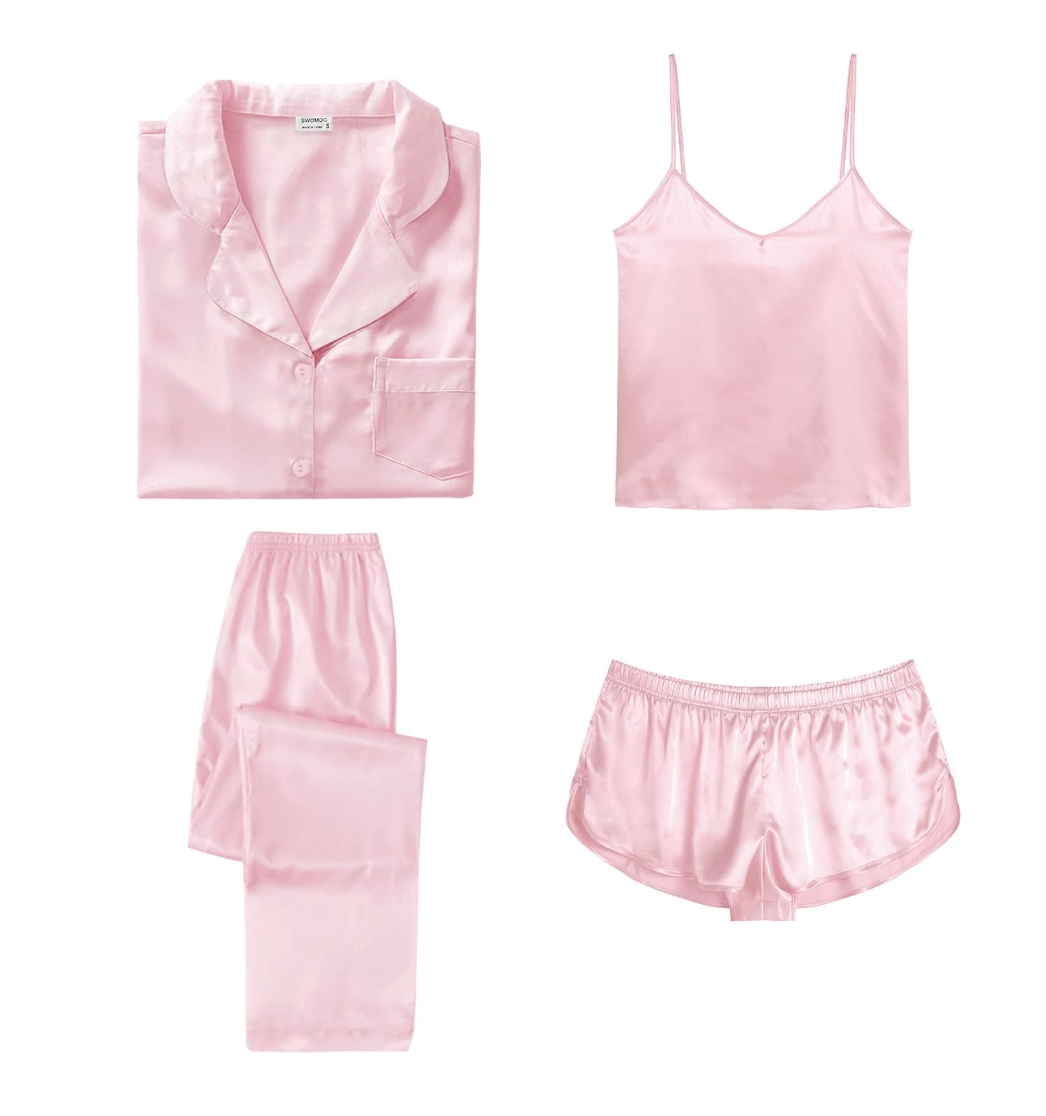 SWOMOG Womens Silk Satin Pajamas Sets 4pcs Sleepwear Sexy Cami Shorts Set and Button Down Short Sleeve Pjs Loungewear