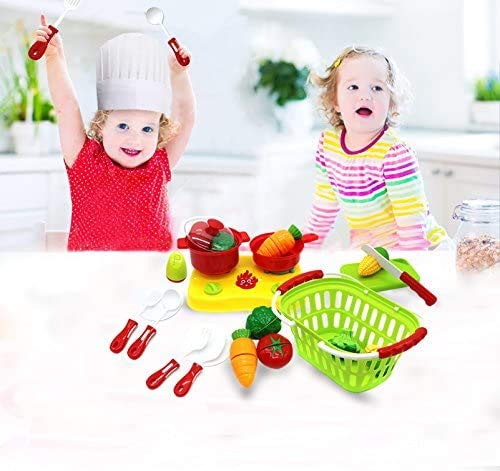 FUNERICA Cutting Play Fruit Toys Set - Includes Quality Plastic Toy Vegetables Play Food - with Knife - Mini Kitchen Kids Dishes- Toy Grocery Basket & Child Chef Hat