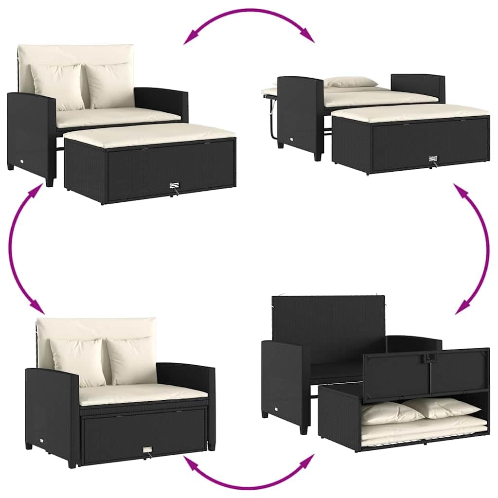 Divano Giardino 2 Posti Nero Polyrattan con Cuscini | Divano letto reclinabile, poggiapiedi con contenitore, rivestimento sfoderabile lavabile, 110 kg per seduta