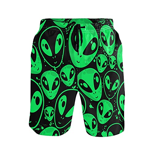 Boccsty Men's Swim Trunks Green Alien Pattern Summer Beach Shorts Quick Dry Bathing Suits