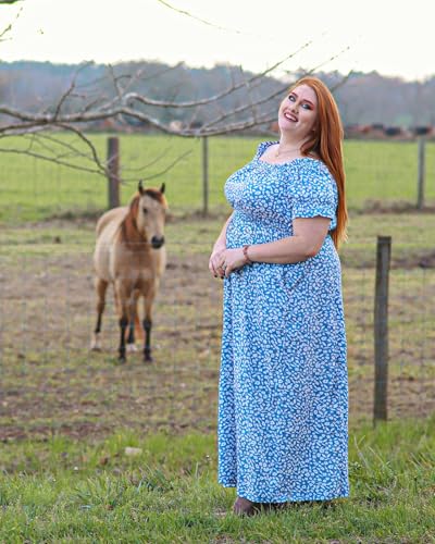 Image of Holipick Women's Off The Shoulder Boho Dress Plus Size Floral Smocked Waist Split Summer Maxi Sundress with Pockets