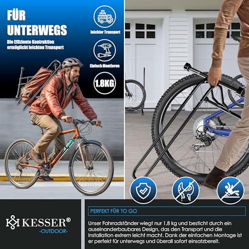 KESSER® Fahrradständer Boden einzeln für Mountainbike, E-Bike, Citybike, Rennrad, MTB | Fahrrad Montageständer | Freistehender Fahrradhalter Ständer Eisen | Reifenbreite bis 65mm | Inkl. Luftpumpe
