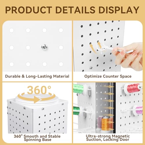Image of Metal 360 Fully Rotating Thread Rack, Detachable Thread Holder Organizer with Inner Storage Compartments for Sewing, Embroidery, Hair-braiding and Jewelry (White)