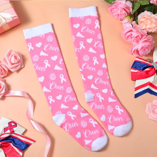 2 Pairs Cheerleader Breast Cancer Awareness Cheer Cheering Pink Ribbon Cheerleading Socks for Women Cheer Team Gift4