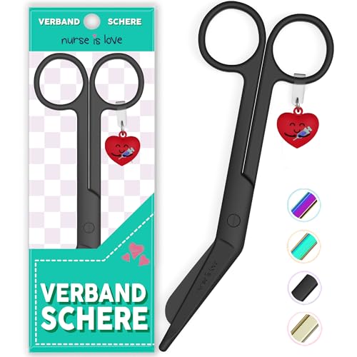 Nurse is Love Lister Verbandsschere Gebogen - Erste-Hilfe-Schere mit Abgerundeter Spitze | Erste-Hilfe-Set | Edelstahl | Mit Charm-Anhänger - Black