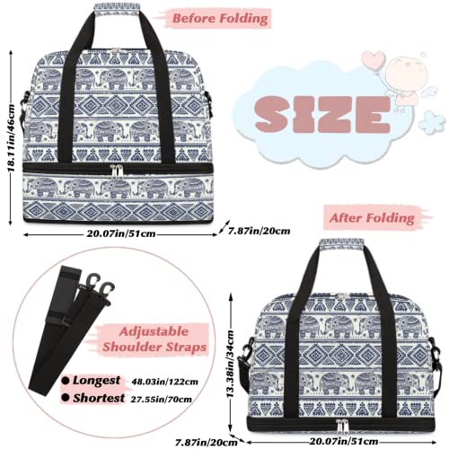 Bohemian Ethnic Elephant Foldable Travel Duffel Bag Tote Carry On Luggage Sports Gym Bag With Shoe Compartment For Woman Man Overnight Weekend Yoga Workout Bag Training Handbag #TOP1