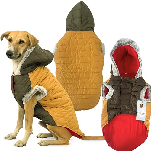 Image of Foodie Puppies Dog Puffer Hoodie Warm Winter Jacket - (Yellow Olive, 30 Inch) for Xtra Large Dogs | Ultra Warm Waterproof & Windproof Fur Coat | Washable Pet Vest Apparel for Cold Weather
