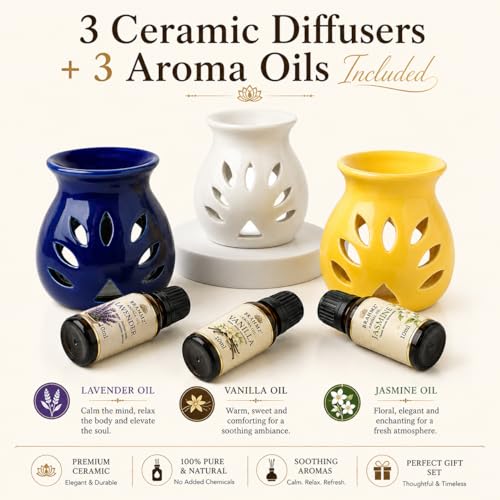 Image of BRAHMZ Ceramic Aroma Diffuser Gift Set of 3 with Lavender, Vanilla & Jasmine Oils | Tea Light Oil Burner | Home Fragrance Aromatherapy Diffuser for Bedroom & Living Room
