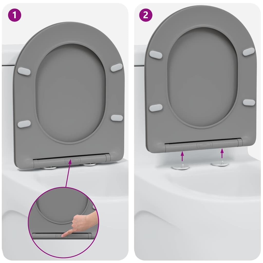 Asiento de inodoro gris Duroplast 47 x 36 x 3,4 cm, tapa universal de inodoro con descenso automático, extraíble y fácil de limpiar, asiento sanitario estable para baño y aseo de invitados