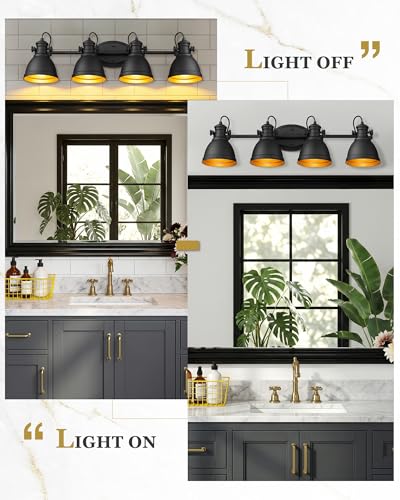Image of 4-Light Black Bathroom Vanity Light Over Mirror, Metal Shade