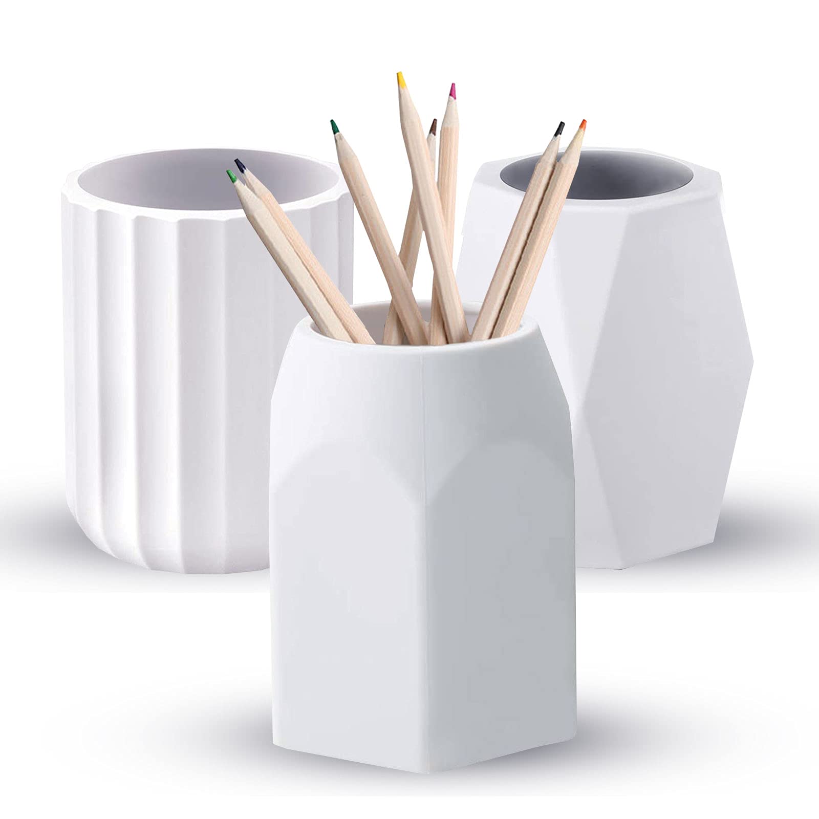Silicone Pencil Holder,Cooyeah 3Pcs Geometric Pencil Holder Creative Design Silicone Pen Cups Desktop Stationery Organizer Pen Container for Office Home School Makeup Brush Holders 3x3.75" Pencil Cup