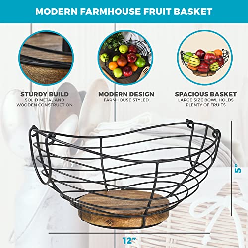 Modern Farmhouse Fruit Basket for Kitchen Counter, Vintage Wire and Wooden Base Fruit Bowl for Kitchen Decor, Fruit & Vegetables Storage Basket/Bowl by Tribello - Image 3