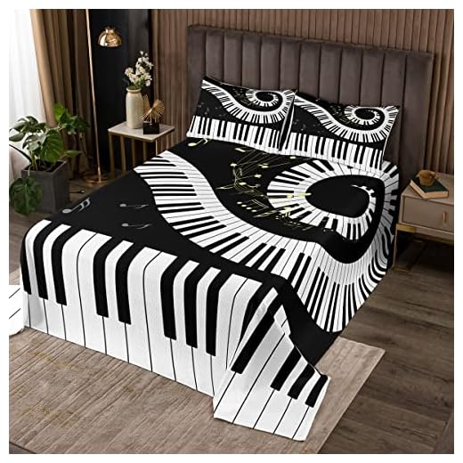 Loussiesd Piano quiltat överkast barn svart vit musik överkast set för kvinnor män moderna instrument täcke andningsbar rand geometrisk quiltad överkast set enkel storlek