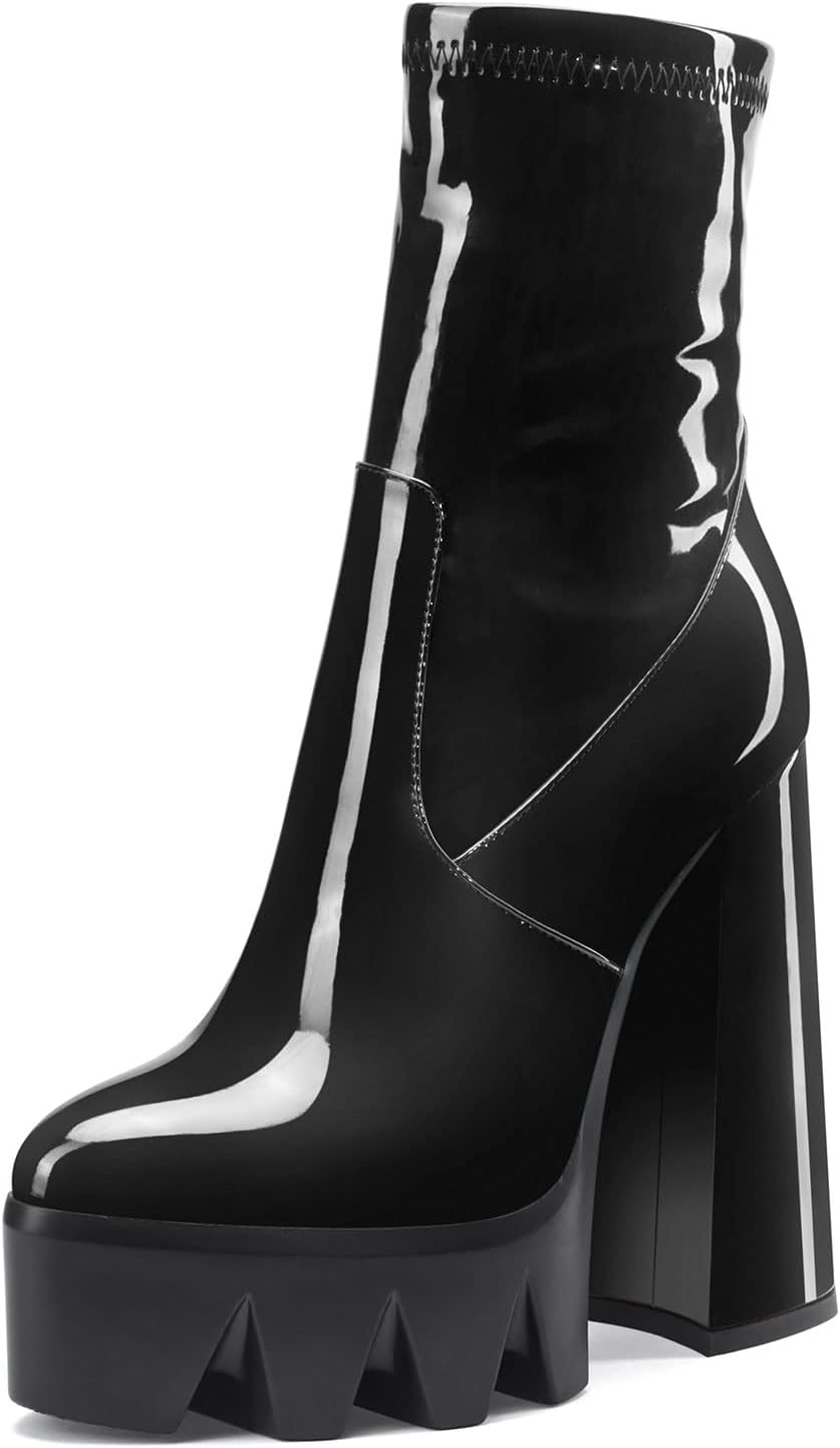 Aachcol Women Platform Chunky Block High Heel Ankle Boots Short Bootie Zipper Round Close Toe Patent 5.5 Inch