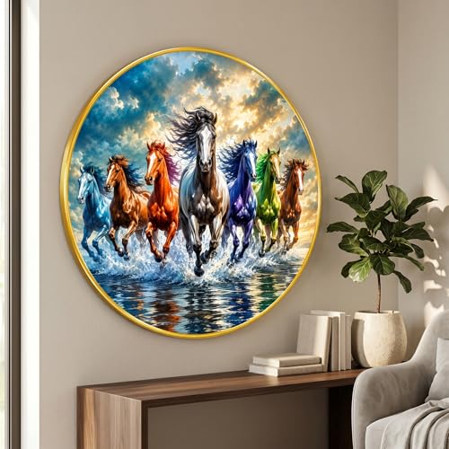 Image of SAF 7 Horse Vastu Round Wall Painting with Premium PVC Golden Frame, Colorful Running Horses Water Splash Art for Living Room Office Home Decor Gift (23 x 23 Inch) GR-446