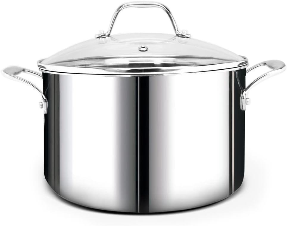 HOMICHEF Mirror Polished NICKEL FREE Stainless Steel 7 QT(Quart) Stock Pot with Glass Lid (No Toxic Non Stick Coating, Whole-Clad 3-Ply) - Triply Stainless Steel Pots and Pans - Soup Pots with Lids