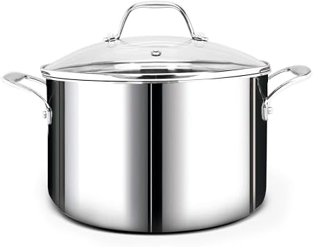 HOMICHEF Mirror Polished NICKEL FREE Stainless Steel 7 QTQuart Stock Pot with Glass Lid No Toxic Non Stick Coating, Whole-Clad 3-Ply - Triply Stainless Steel Pots and Pans - Soup Pots with Lids
