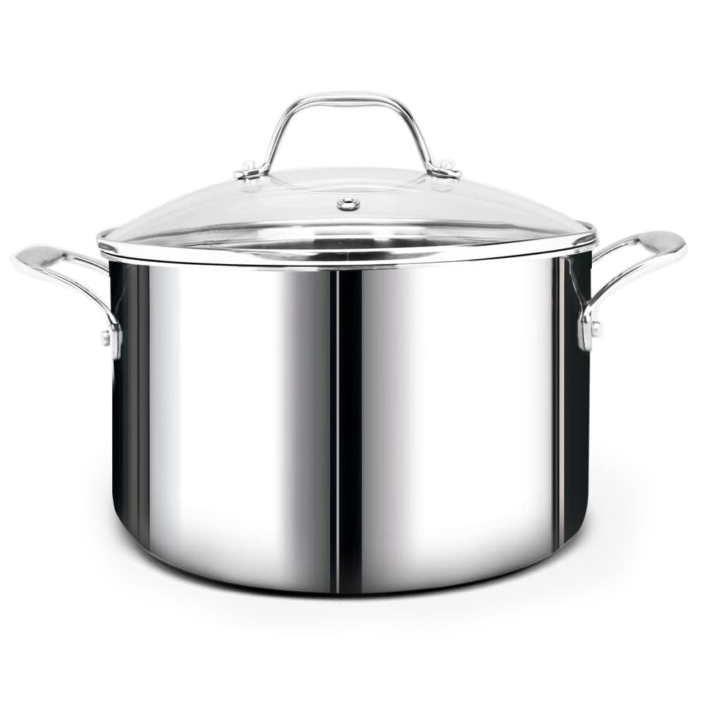 HOMICHEF Olla de acero inoxidable pulido sin níquel de 6,6 L con tapa de cristal (Sin revestimiento no tóxico, 3 capas) - 24 CM Ollas de acero inoxidable para cocinar