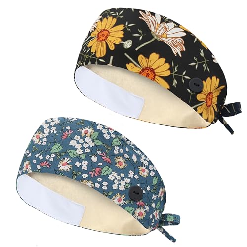 Image of Adjustable Scrub Cap with Button, Satin-Lined Cotton Scrub Hat Sweatband, Elastic Working Hat Unisex, One Size