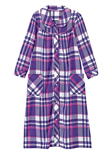 AmeriMark Flannel Snap Front Duster House Coat Plaid Lounger with Patch Pockets Purple