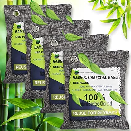 Bamboo Charcoal Air Purifier Bag for Closet Odor Eliminator Shoe Deodorizer Car Air Freshener Nature Fresh Charcoal Pack Hangable Damp Rid Air Freshener Bag Odor Removal for Pet Wardrobe（4x200g）