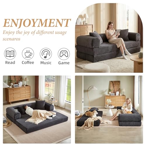 Image of 78 Inch Convertible Futon Sofa Bed,Folding Boneless Couches with Sleeper Sofa,Fold Out Floor Sofa Couch with Deep Seat,Cloud Corduroy Foldable Mattress Couch for Living Room (Dark Grey)