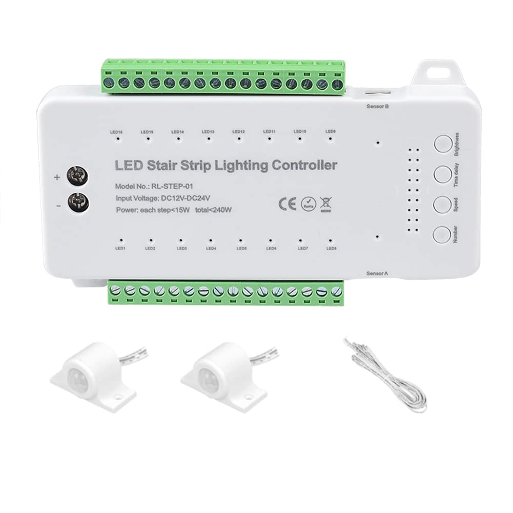 Mskidand Stair LED Motion Sensor Controller DC12V 24V 16Channels Indoor PIR Night Light Dimmer for Stairs Flexible Strip(A)