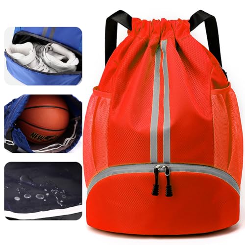 Veki Mochila Deportiva Cuerdas para Mujer Hombre, Bolsa de Cuerdas con Compartimento de Zapatos, Bolsa de Deporte Cordón, Bolso de Fútbol, Gimnasio Mochila para Senderismo, Viaje, Playa (Rojo)