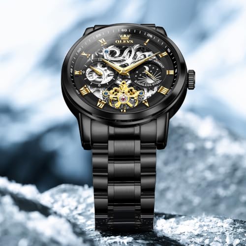 Image of OLEVS Automatic Men Watch Self Winding Mechanical Moon Phase Business Luxury Diamond Dress Stainless Steel Waterproof Luminous Mens Wrist Watch