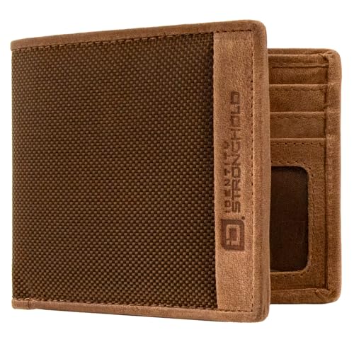 ID Stronghold Slim Bifold Wallet for Men - RFID Blocking Wallet - 7 Slots Nylon and Leather Light Brown