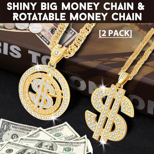 2PCS Money Chain Fake Gold Necklace: Big Money Dollar Sign Gold Chains Halloween Costume - Men Rapper Digger Hip Hop 70s 80s 90s Costume Accessories2