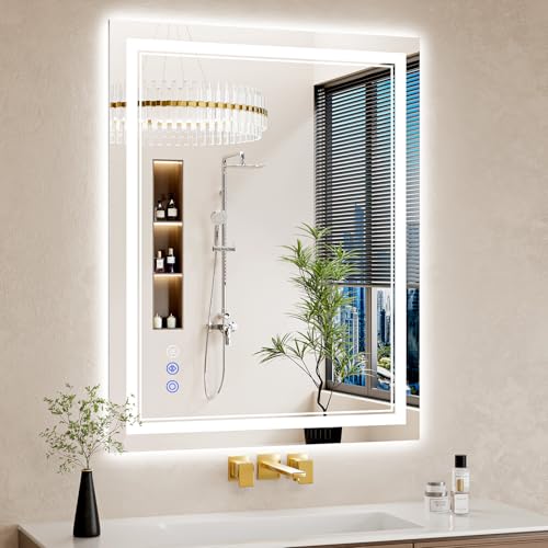 WISSMIELS Espejo de baño LED de 30 x 38 pulgadas con luces, antivaho, retroiluminado + iluminación frontal, regulable, espejo de tocador LED para pared, 3 colores, función de memoria, vidrio templado