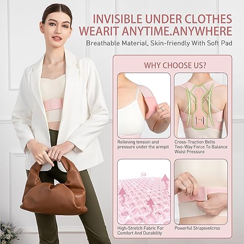 Updated Posture Corrector for Men and Women,Adjustable Upper Back Brace for Clavicle Support and Providing Neck Shoulder Upright Straightener Comfortable (Pink) (S 25-30 Inch) - Thumbnail 5