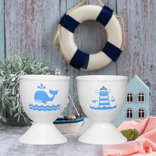 Image of Cinf Ceramic Egg Cups, 2 Pack, Lighthouse Whale Holders for Boiled Eggs