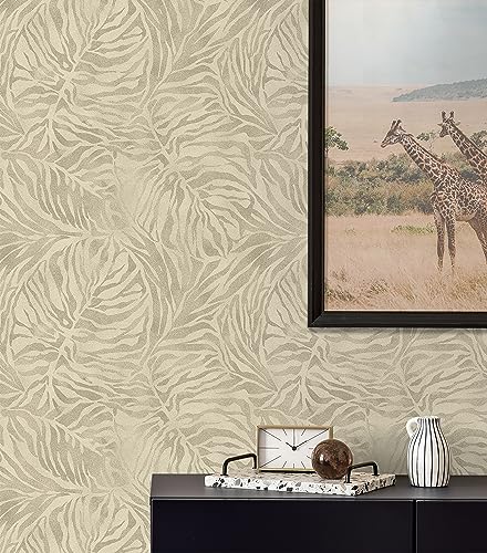 Image of Tommy Bahama - Peel and Stick Wallpaper, Tropical Wallpaper for Bedroom, Powder Room, Living Room, Vinyl, 30.75 Sq Ft Coverage (Zebra Leaf Collection, Linen)