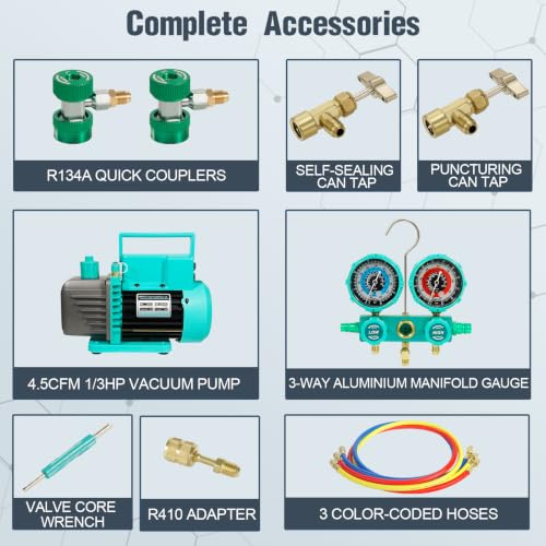 Bomba de vacío VECOTOOLS 4.5CFM 1/3HP con juego de manómetro de aluminio de 3 vías para R134A R410A R22 R404A, Kit de servicio de refrigerante HVAC con acopladores rápidos y mangueras de 4 pies para mantenimiento automotriz y HVAC miniatura 2