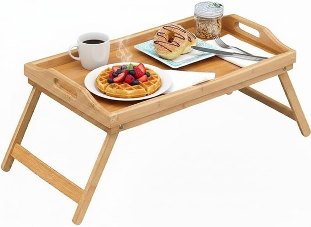 OCEANO Vassoio da Letto Pieghevole in Legno di Bambu con Gambe e Manici per Colazione a Letto Mangiare sul Divano Relax Tavolino per Pasti da Appoggio da Portata Portavivande da grembo 49x30x25cm