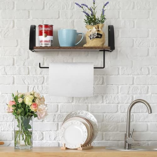 UOMIO Kitchen Roll Holder Wall Mounted Spice Shelf with Paper Towel Holder Kitchen Roll Tissue Dispenser Metal Wood Kitchen and Bathroom Storage Rack Shelf - Black