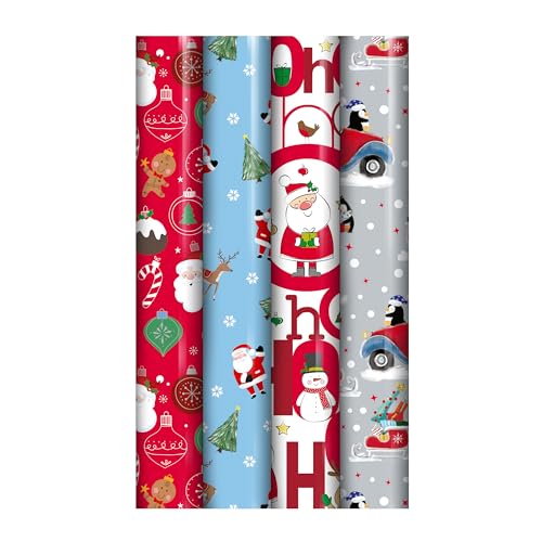 Pack of 4 x 4M Cute Christmas Santa and Friends Wrapping Paper roll -Perfect for Christmas, Festival and Festive Decoration