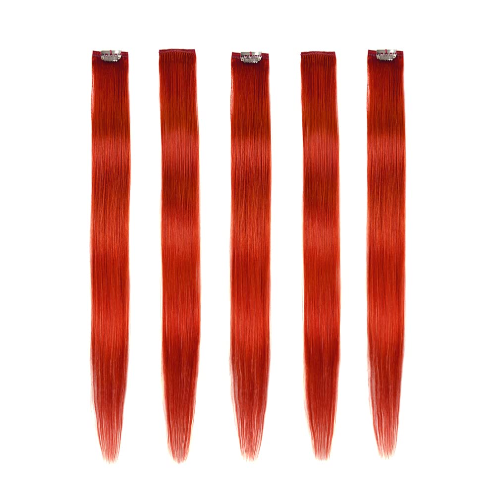 Winsky Orange-red Hair Extensions Girls Clip in Human Hair - 100% Straight Party Highlights Clip on Colored Hair Extensions 5 Pieces/Set (18inch,