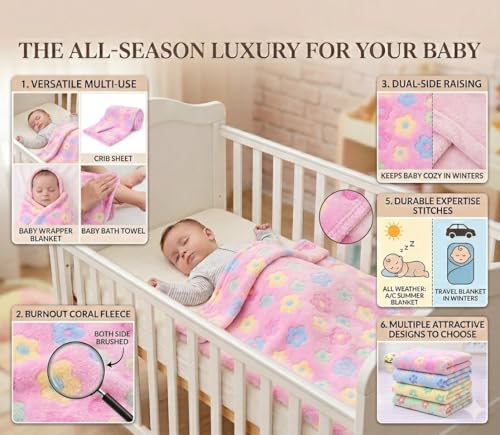 Image of First Kick Luxury Soft Baby Blanket Pack of 100 x 75 cm Premium Fleece Newborn Swaddle Wrap | Baby Bath Towel All Season Blanket for 0-12 Months Crib Stroller Travel Use